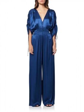 Elliatt Talia Blue Satin Wide Leg Jumpsuit Size XL Smocked Waist V Neck Formal